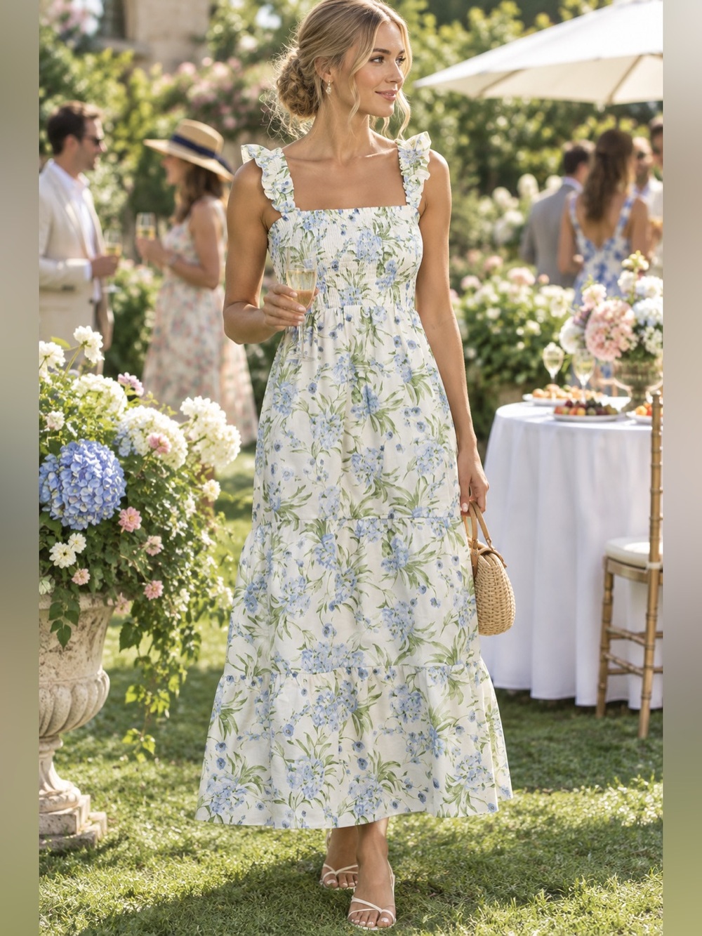 NWT Joie White Blue Floral Flower Midi Nap Dress ( HHH Hill House Home Ellie)